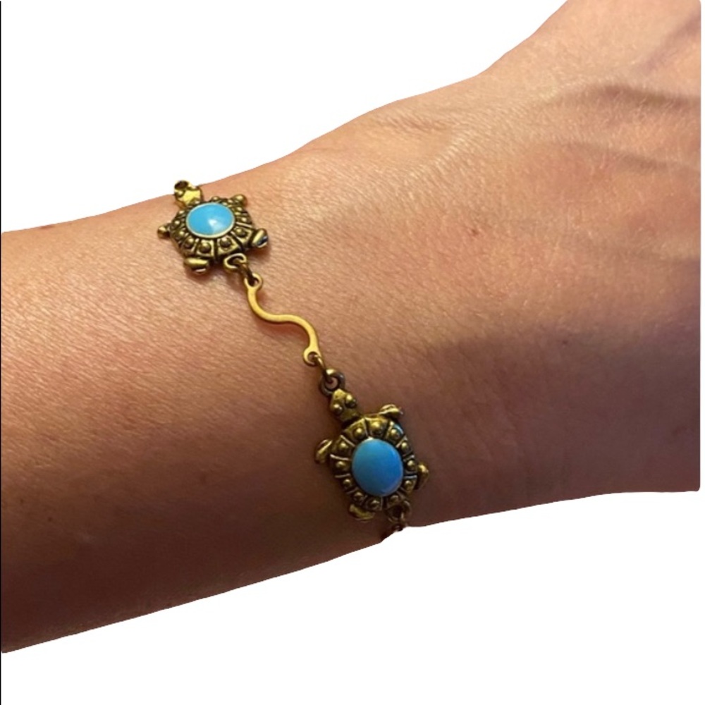 Hand Crafted Turtle Bracelet Linked Gold & Turquoise New Charm Tortoise - Picture 2 of 6